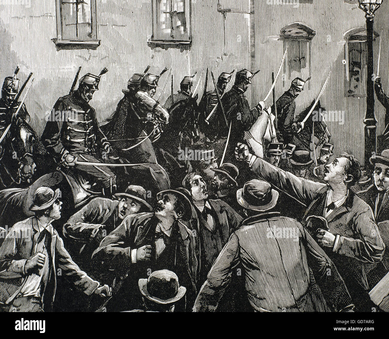Austria. Vienna. Labour movement. Charge of Austrian hussars against the strikers mutineers in the neighborhood of New-Lerchenfeld, April 8, 1890. Engraving. Stock Photo
