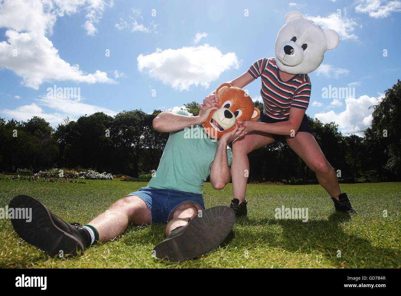 Dancers from 'Up & Over It' Pete Harding (left) and Suzanne Cleary, at the launch of the 22nd edition of Tiger Dublin Fringe in Merrion Square, Dublin. Stock Photo