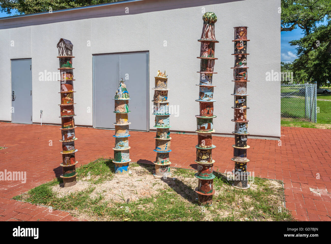 Colorful clay pot sculptures on the grounds of the Ohr-O'Keefe Museum of Art Stock Photo