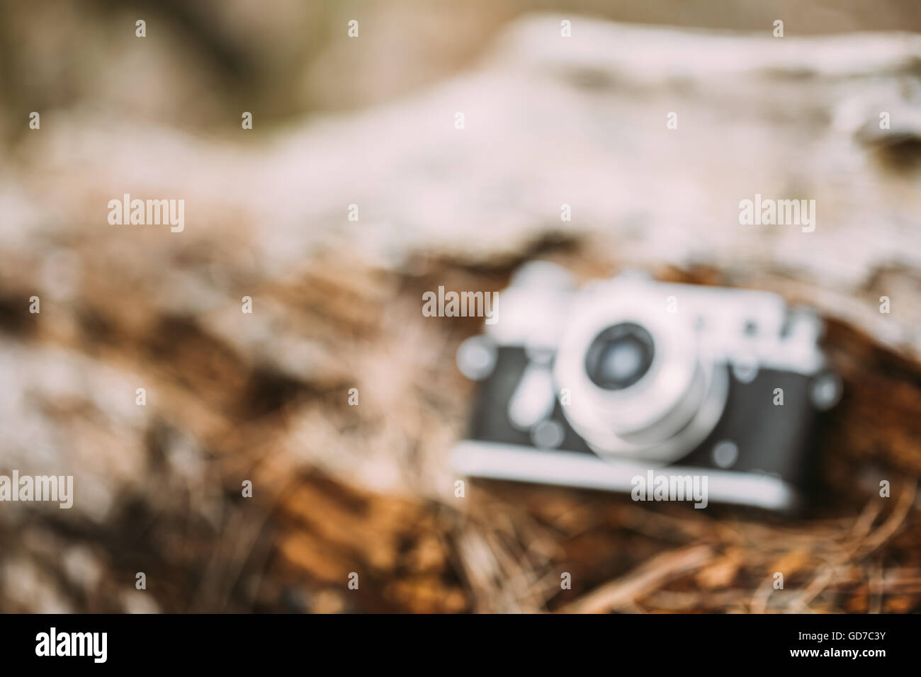 Abstract Blurred Background Of Old Vintage Rangefinder Camera In Forest Stock Photo