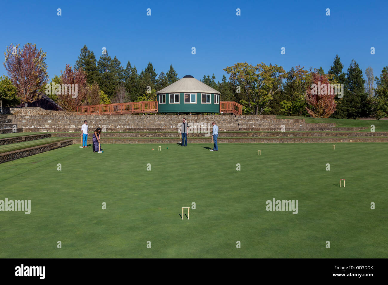 people, playing croquet, croquet players, game of croquet, wine tasting, Sonoma-Cutrer Vineyards, Sonoma-Cutrer, Sonoma Cutrer, Windsor, California Stock Photo