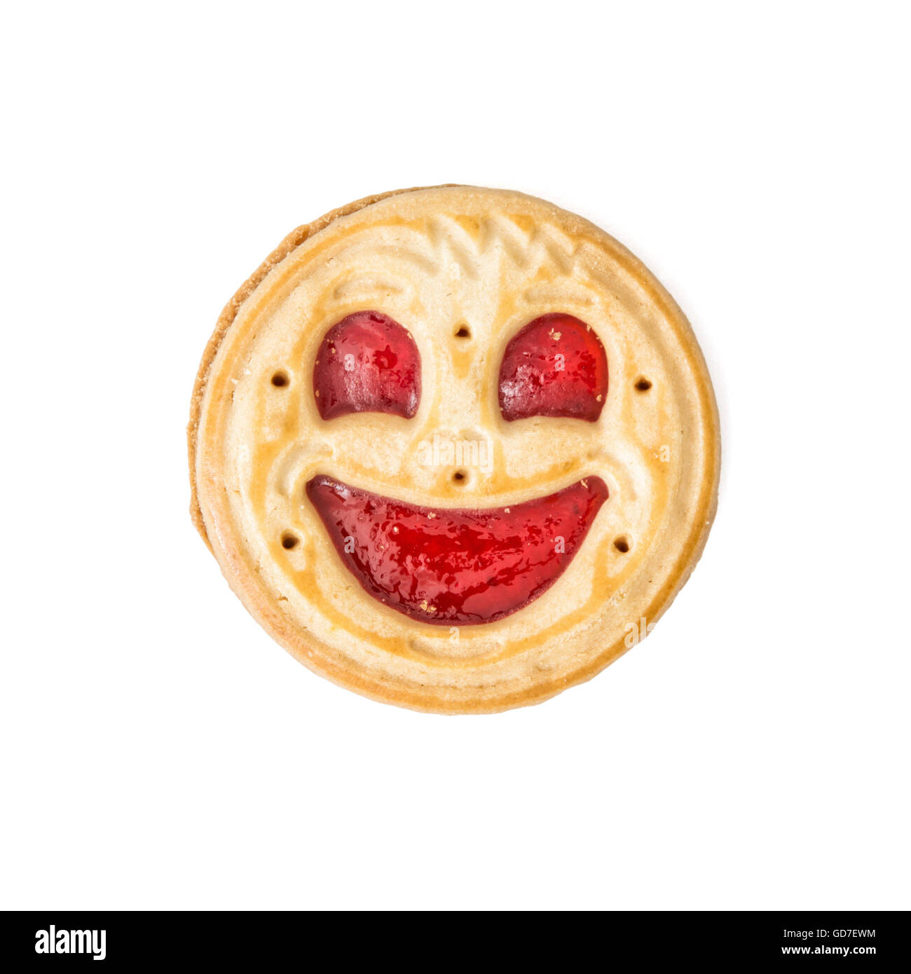 Round jam biscuit smiling face isolated on the white background. Humorous sweet food. Tasty cookie. Good mood. Stock Photo