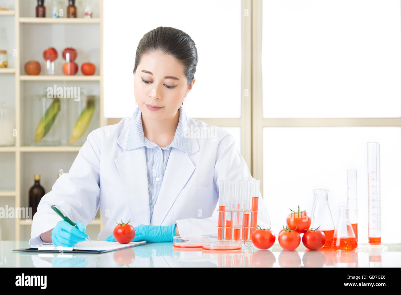 Asian female scientist Recording her data is important for genetic modification Stock Photo