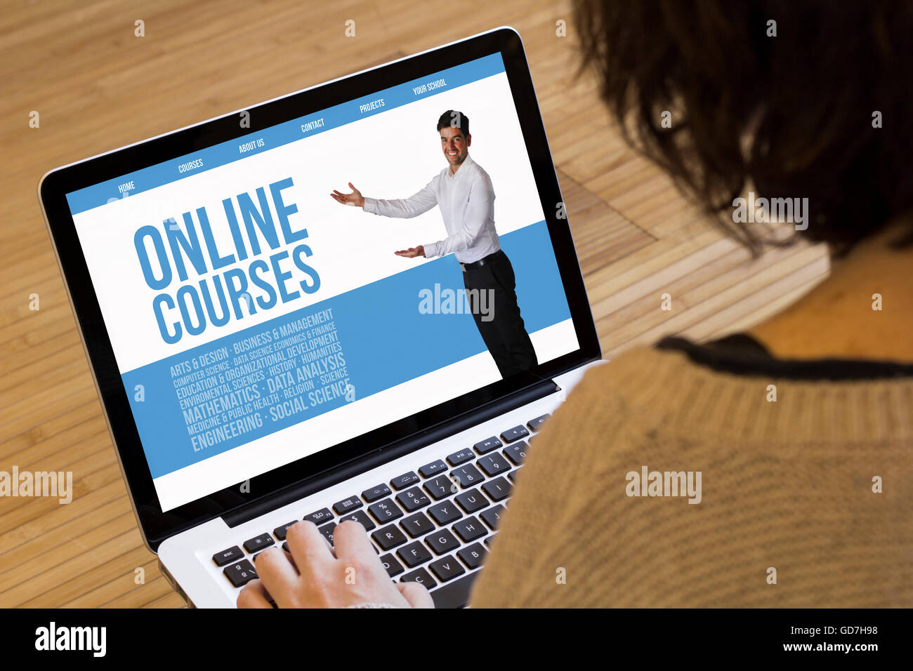 courses online concept: marketing online on a laptop screen. Screen graphics are made up. Stock Photo