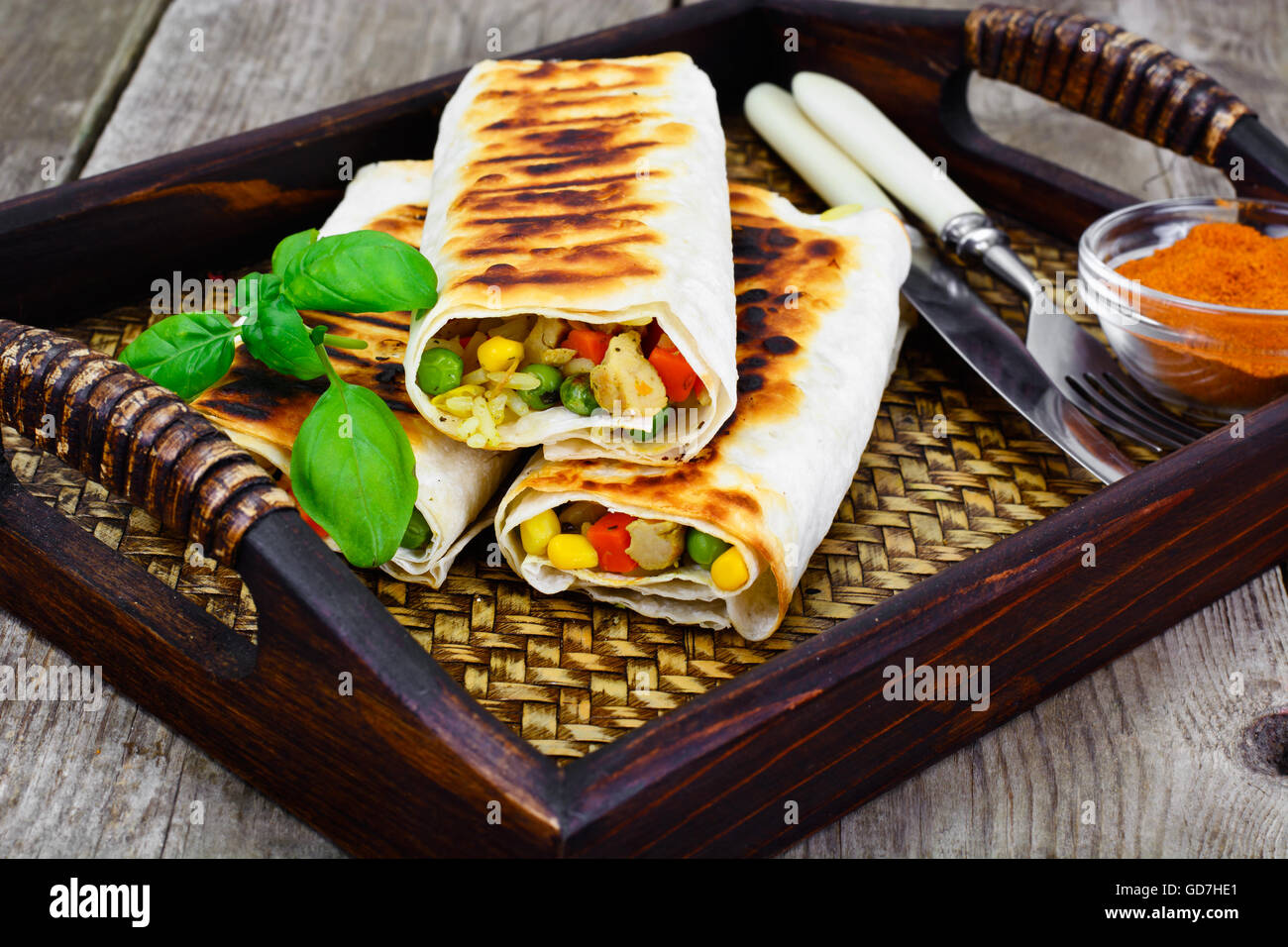 Shawarma Lavash with Rice and Vegetables Stock Photo