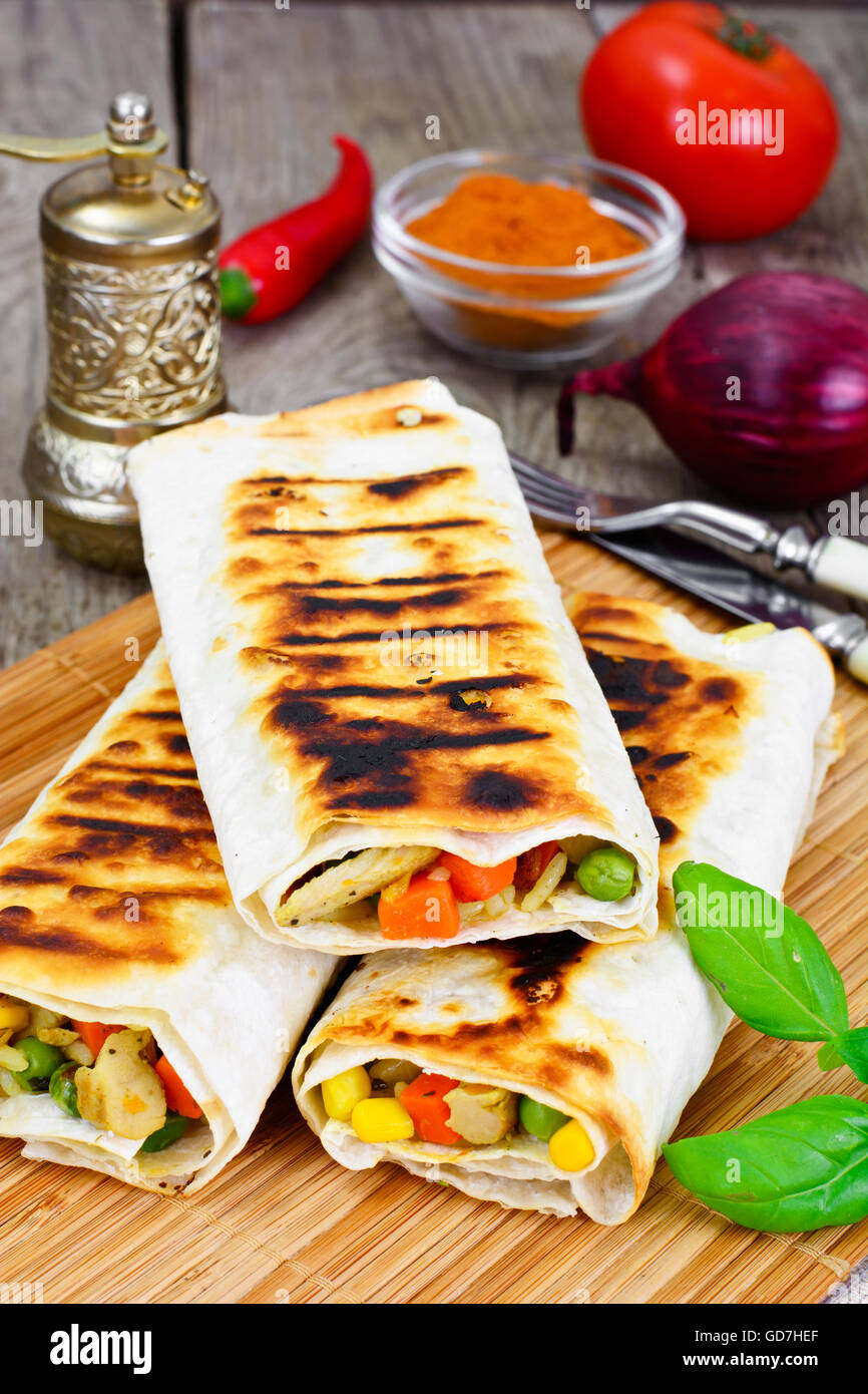 Shawarma Lavash with Rice and Vegetables Stock Photo