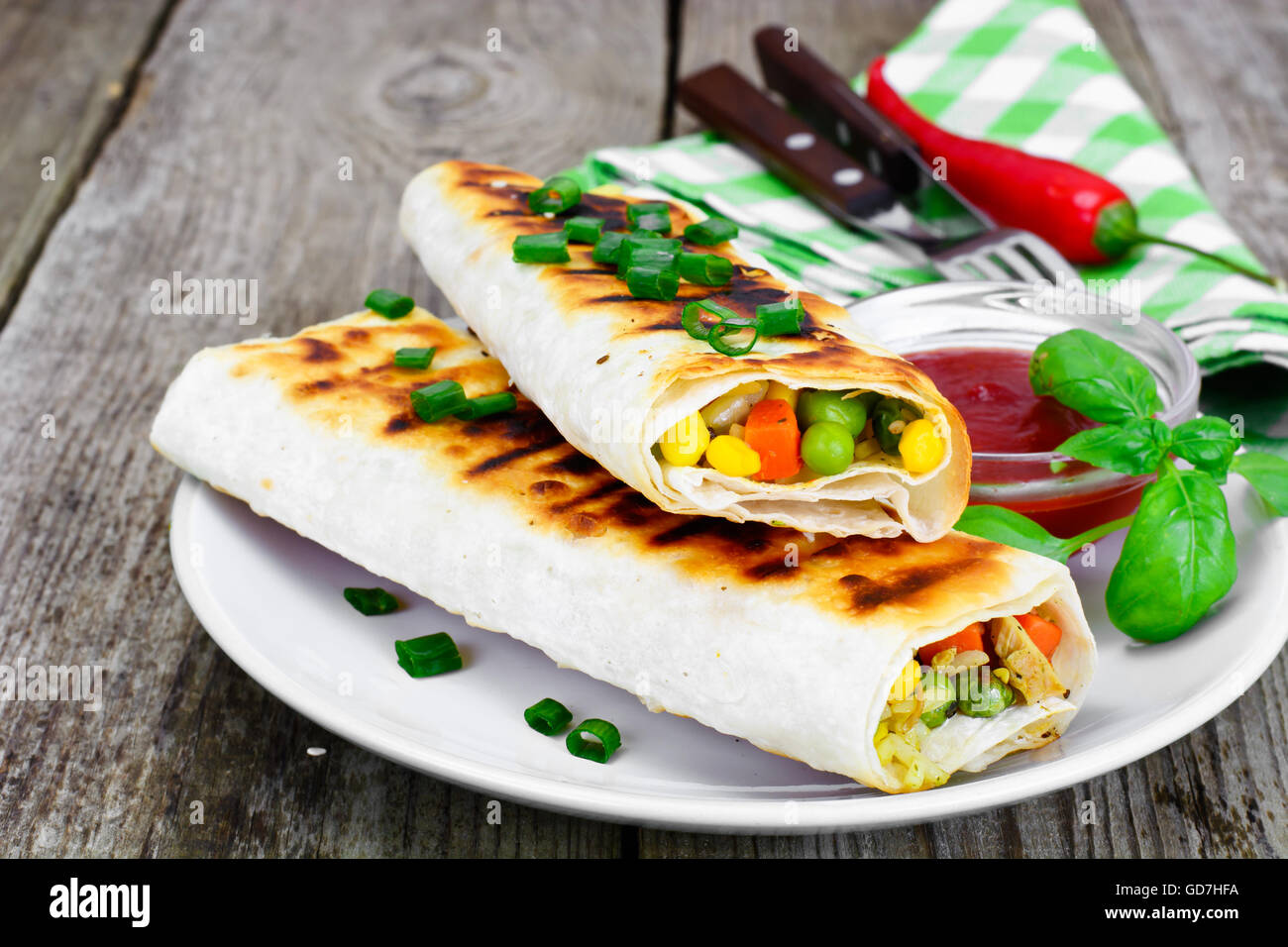 Shawarma Lavash with Rice and Vegetables Stock Photo