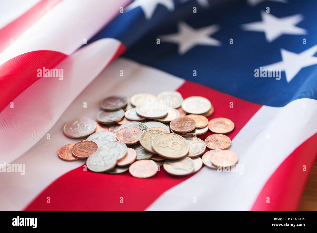 close up of american flag and money Stock Photo