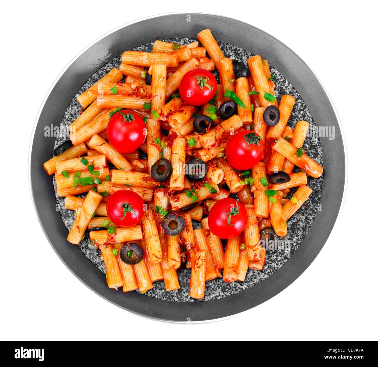 Pasta with Tomato Ketchup Sauce, Green Onions and Cheese Stock Photo