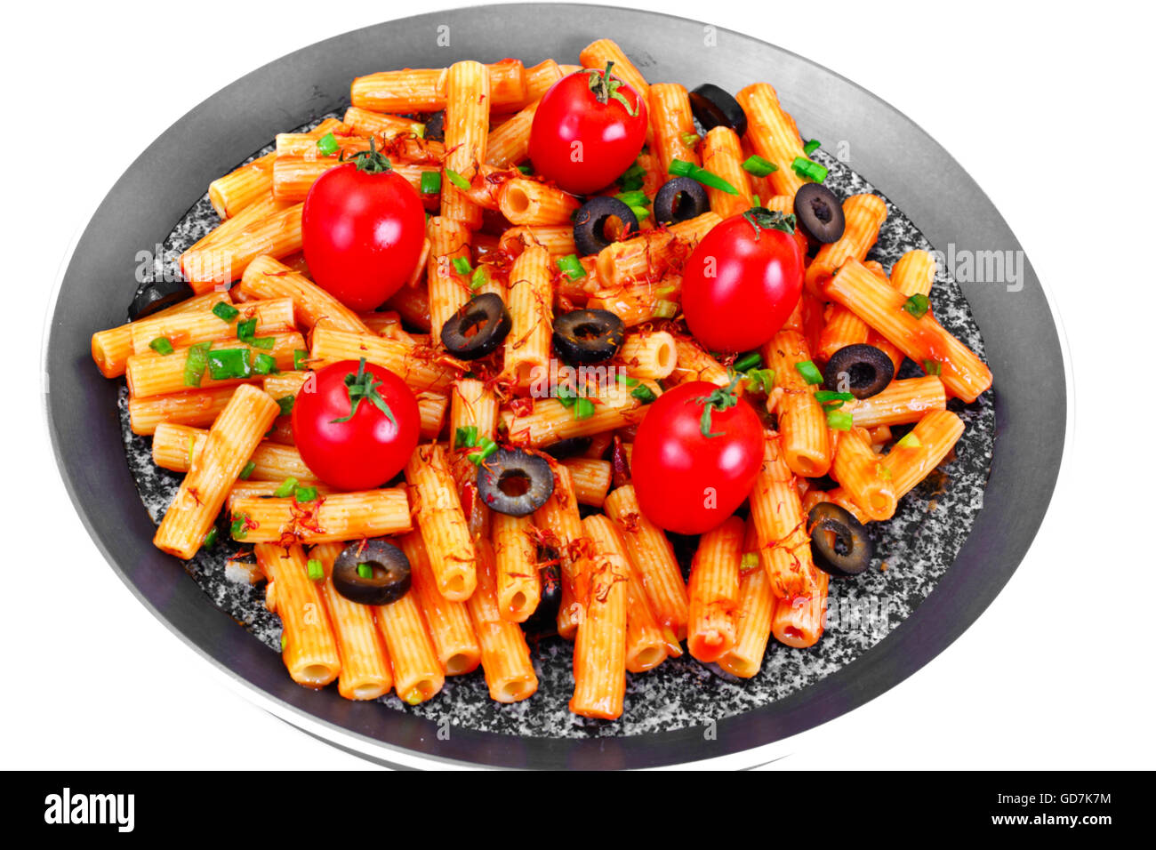 Pasta with Tomato Ketchup Sauce, Green Onions and Cheese Stock Photo