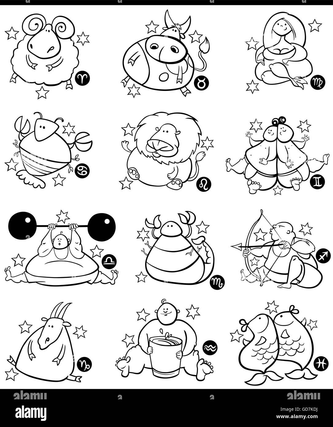 Illustration of Overweight Humorous Cartoon Zodiac Horoscope Signs Set Stock Vector