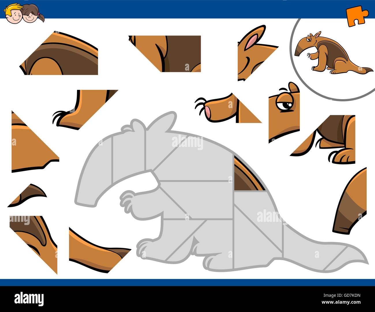 cartoon illustration of educational jigsaw puzzle activity for preschool children with anteater animal character stock vector image art alamy