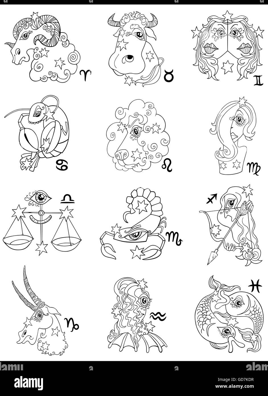 Cartoon Illustration of Black and White Horoscope Zodiac Signs with
