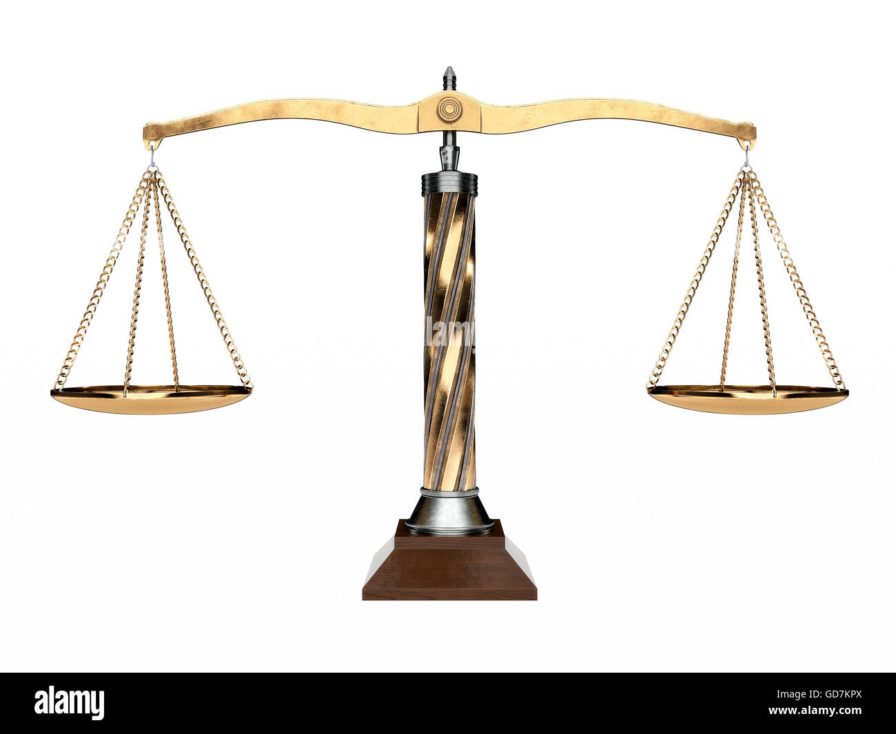 Metal and wood balanced scale isolated on a white background. 3D Illustration. Stock Photo
