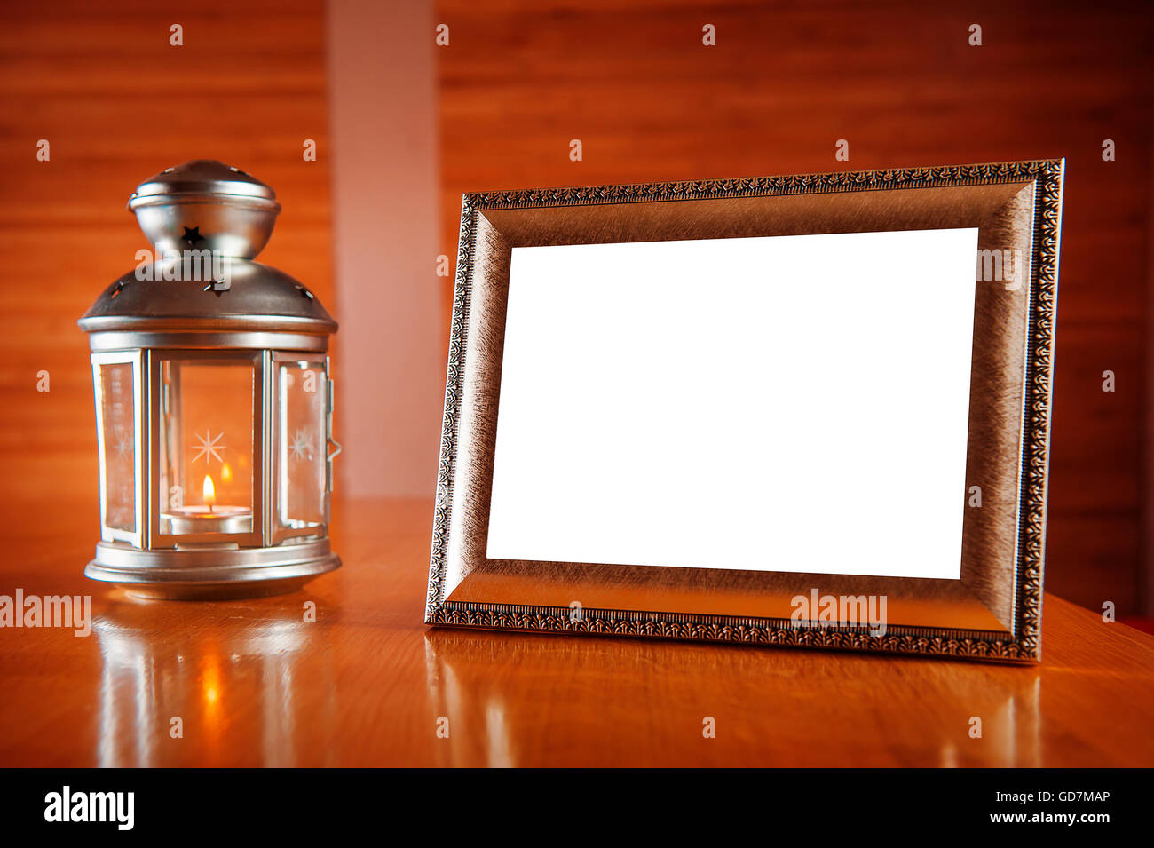 festive frame and candlestick with burning candle Stock Photo Alamy