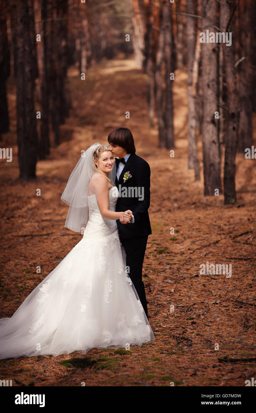happy bride and groom walking in the autumn forest Stock Photo - Alamy