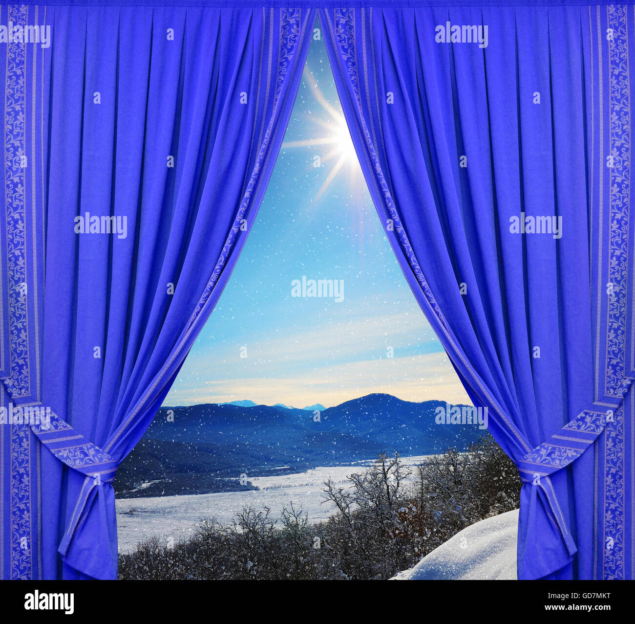 blue curtains behind the window winter Stock Photo Alamy