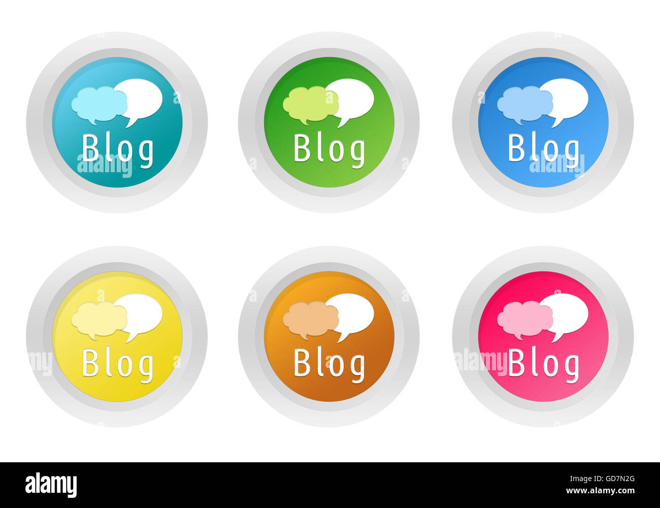 Set of rounded icons with blog symbol in blue, green, red, orange and ...