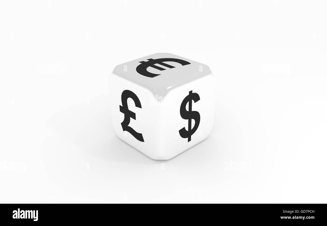 Dice with euro, pound and dollar sign. 3D rendering Stock Photo