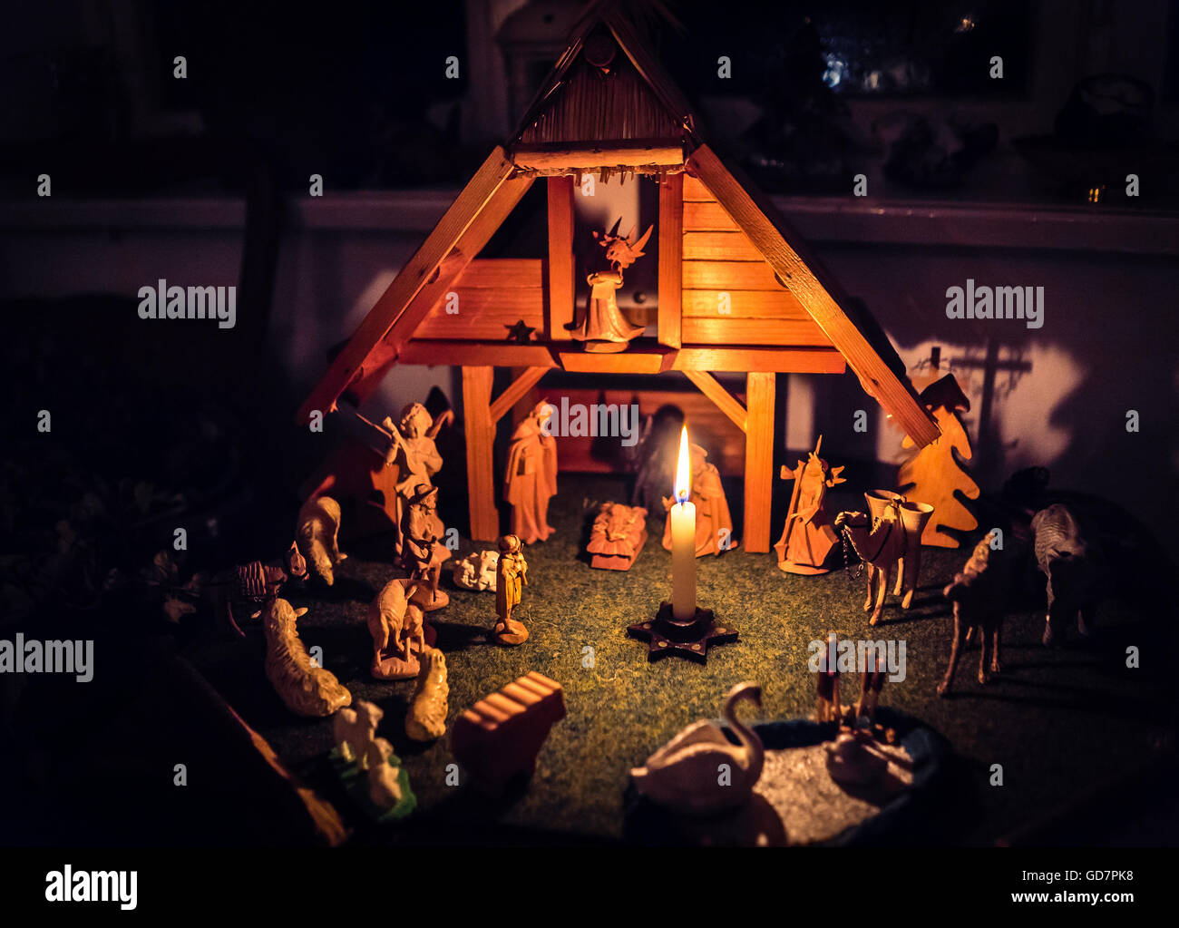 nativity scene with wooden figures Stock Photo