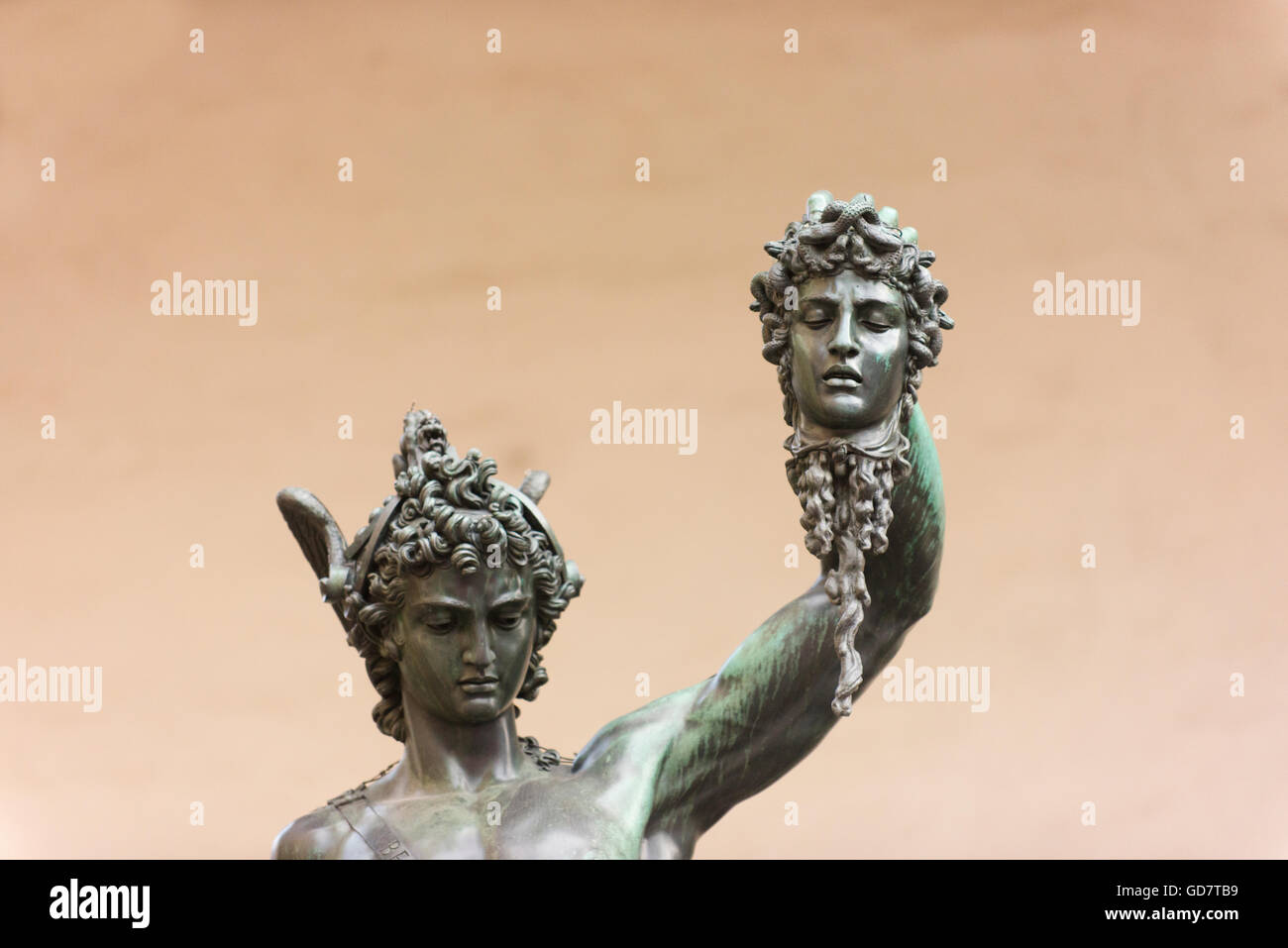 Perseus with the Head of Medusa by Benvenuto Cellini, a bronze statue in Florence. Stock Photo