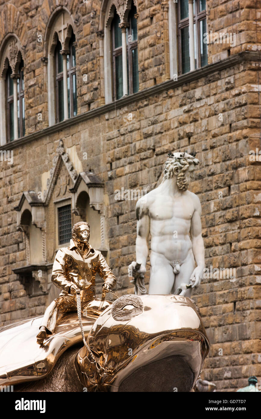 Searching for Utopia by Jan Faber and Fountain of Neptune by Bartolomeo Ammannati, in Piazza della Signoria, Florence. Stock Photo
