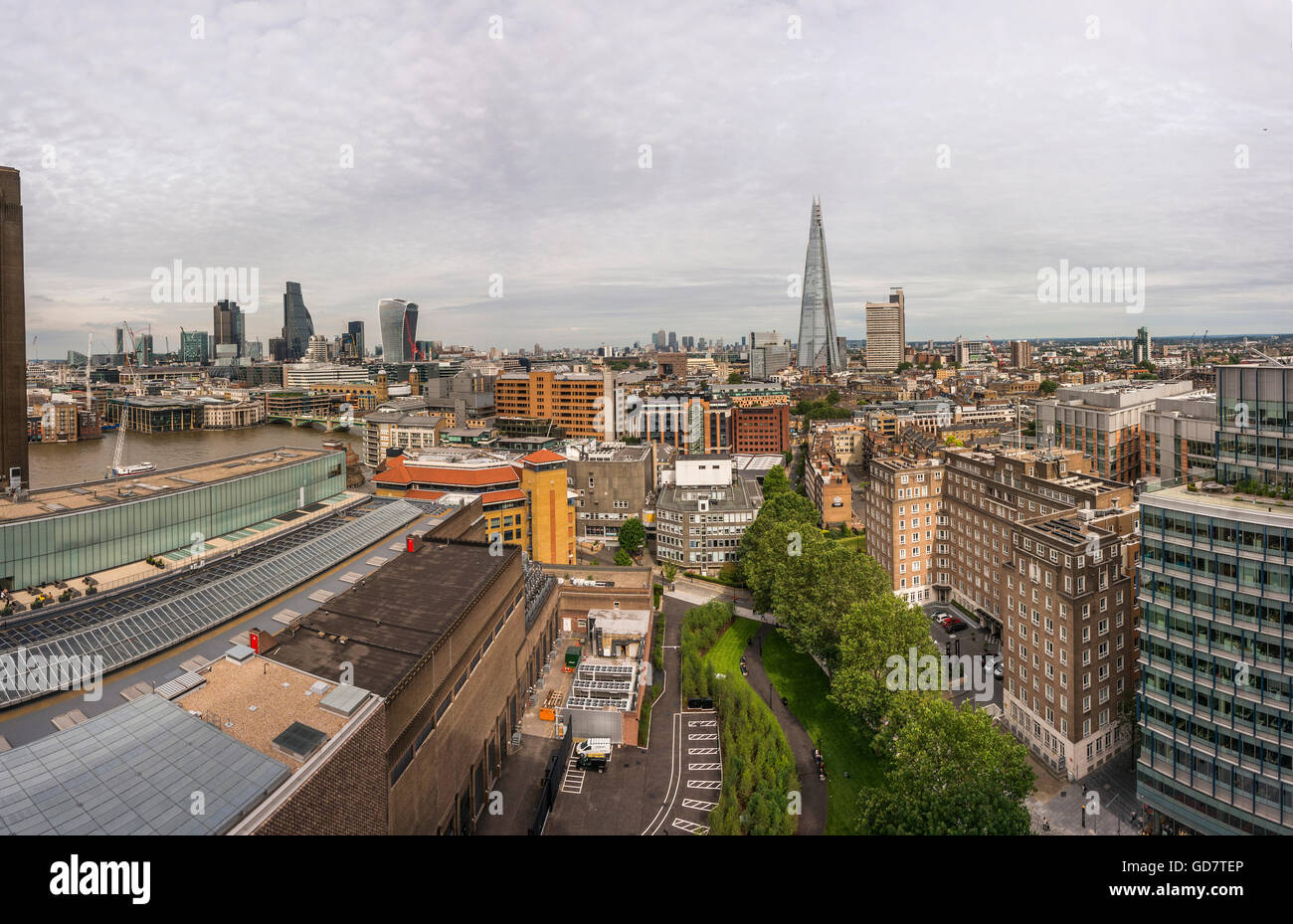 View of Tate Modern, The City of London, The Shard and the South Bank from the 10th floor of the new Tate Modern extension. Stock Photo