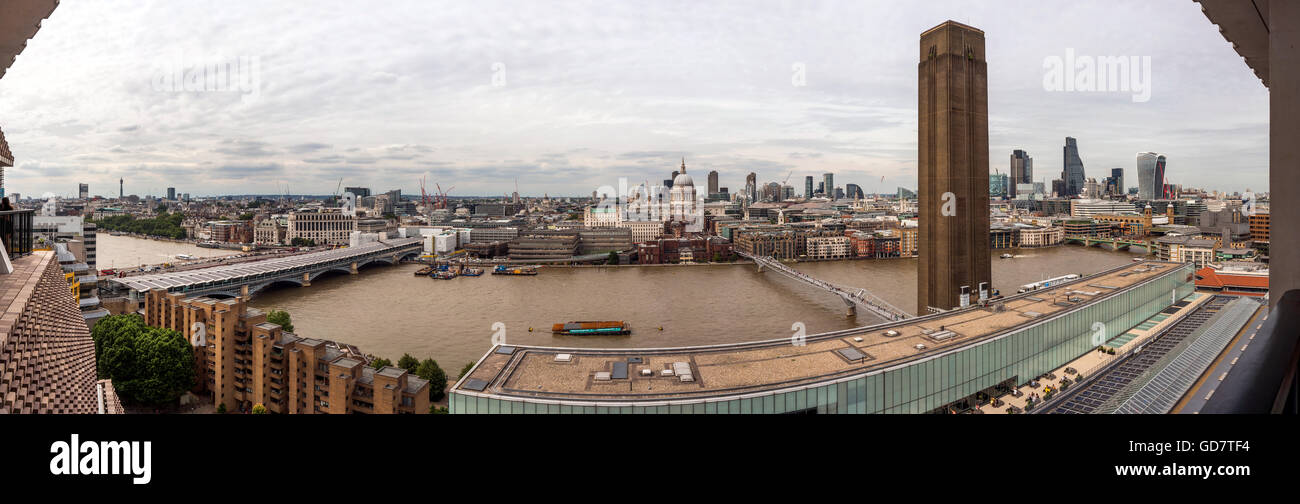 Panoramic view of Tate Modern, The City of London and the River Thames from the 10th floor of the new Tate Modern extension. Stock Photo