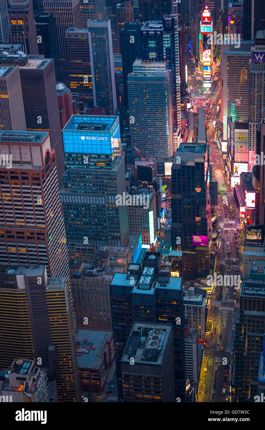 Aerial photograph (helicopter). Times Square is a major commercial intersection and neighborhood in Midtown Manhattan, New York Stock Photo