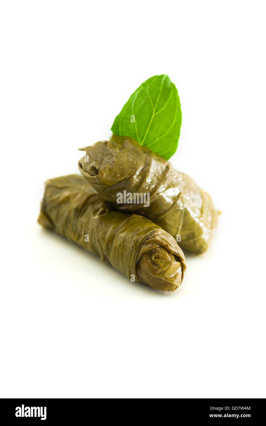 Two Grape Leaves Stuffed Rolls with Green Mint Leaf Stock Photo Alamy