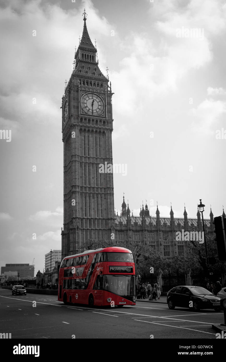 LONDON, UK - October 04, 2015: Double Decker Bus, most iconic symbol of London, and Big Ben. Stock Photo