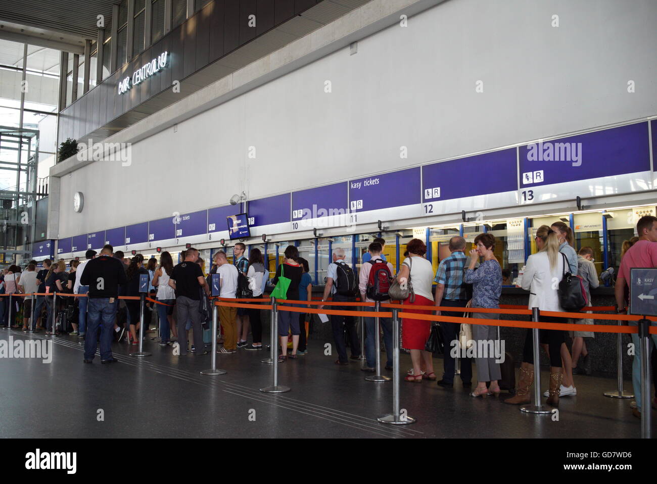 People queued for train tickets at Warsaw Central Station, Poland Stock Photo
