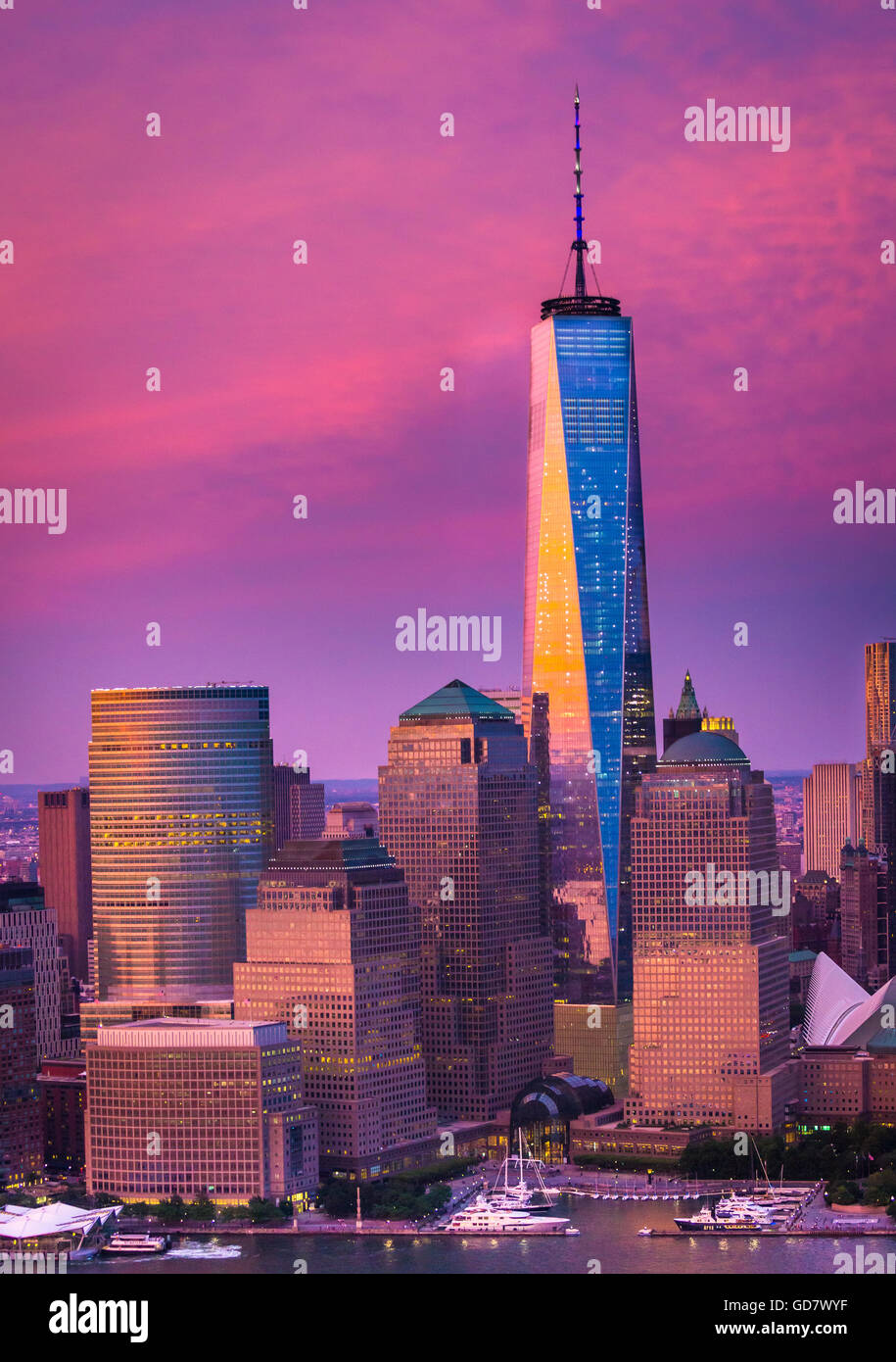 One World Trade Center is the main building of the rebuilt World Trade Center complex in Lower Manhattan, New York City Stock Photo