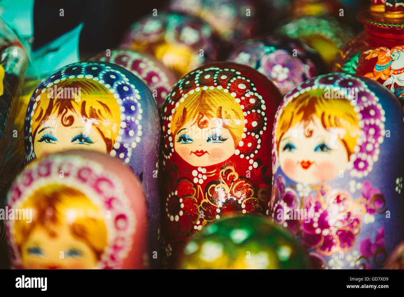 Colorful Russian Nesting Dolls Matreshka At Market. Matrioshka Stock Photo
