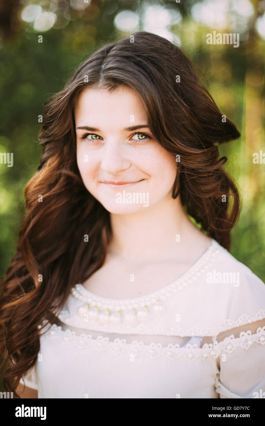 Close Up Portrait Of Young Happy Beauty Girl In White Dress In Summer ...