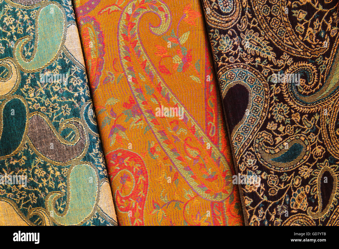 Closeup of colorful pashmina shawls. Stock Photo