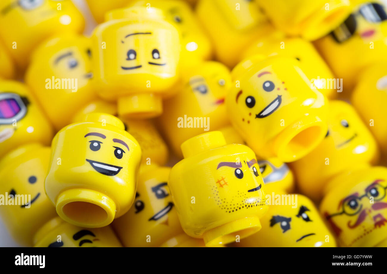 A selection of Lego Mini figure heads Stock Photo