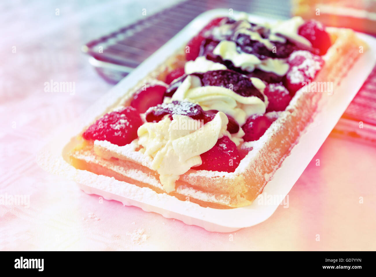 Brussels delight wafer with cream and fruits, closeup photo with artistic effects applied Stock Photo