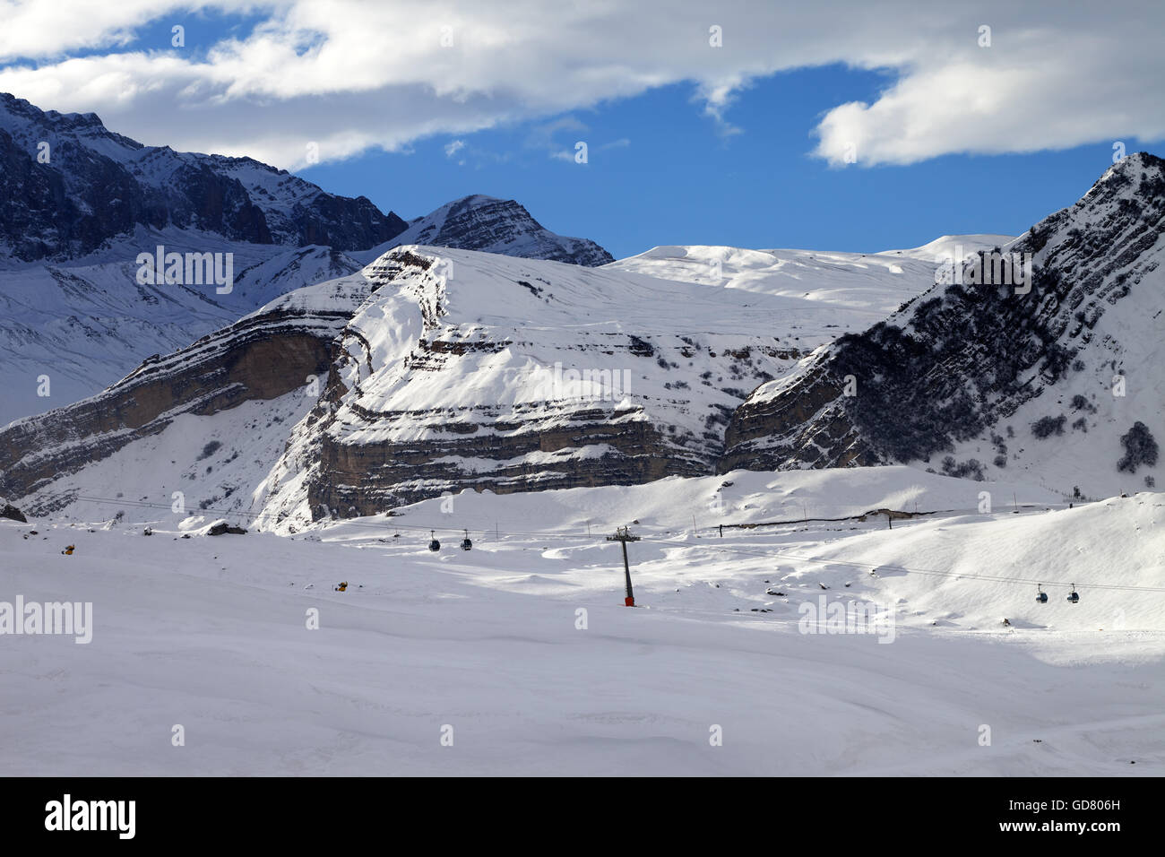 Ski resort at evening. Greater Caucasus, Mount Shahdagh. Qusar rayon of Azerbaijan. Stock Photo