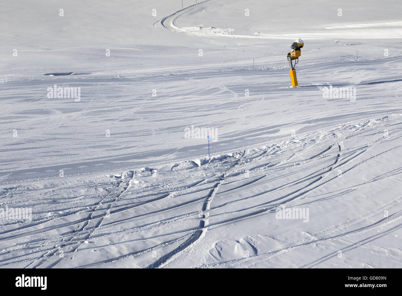 Ski slope and snow gun. Greater Caucasus, Mount Shahdagh. Qusar rayon of Azerbaijan. Stock Photo