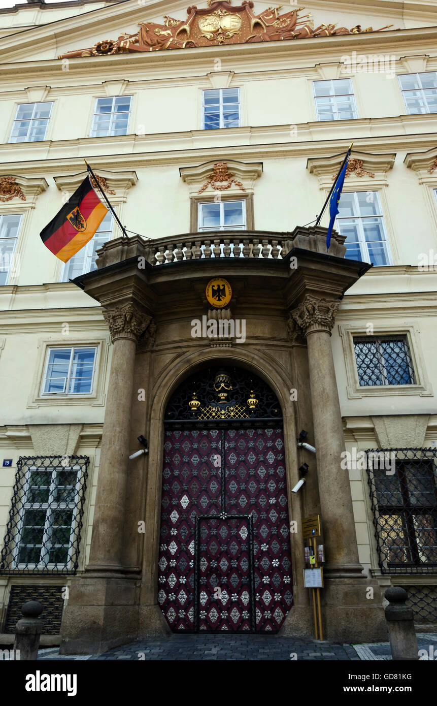 The beautifully-decorated German Embassy, near the Petrin Hill, in the centre of Prague (Praha) in the Czech Republic. Stock Photo