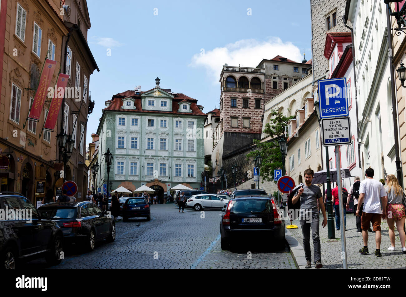 Beautifully-painted buildings on a cobbled street in the centre of Prague (Praha) in the Czech Republic. Stock Photo
