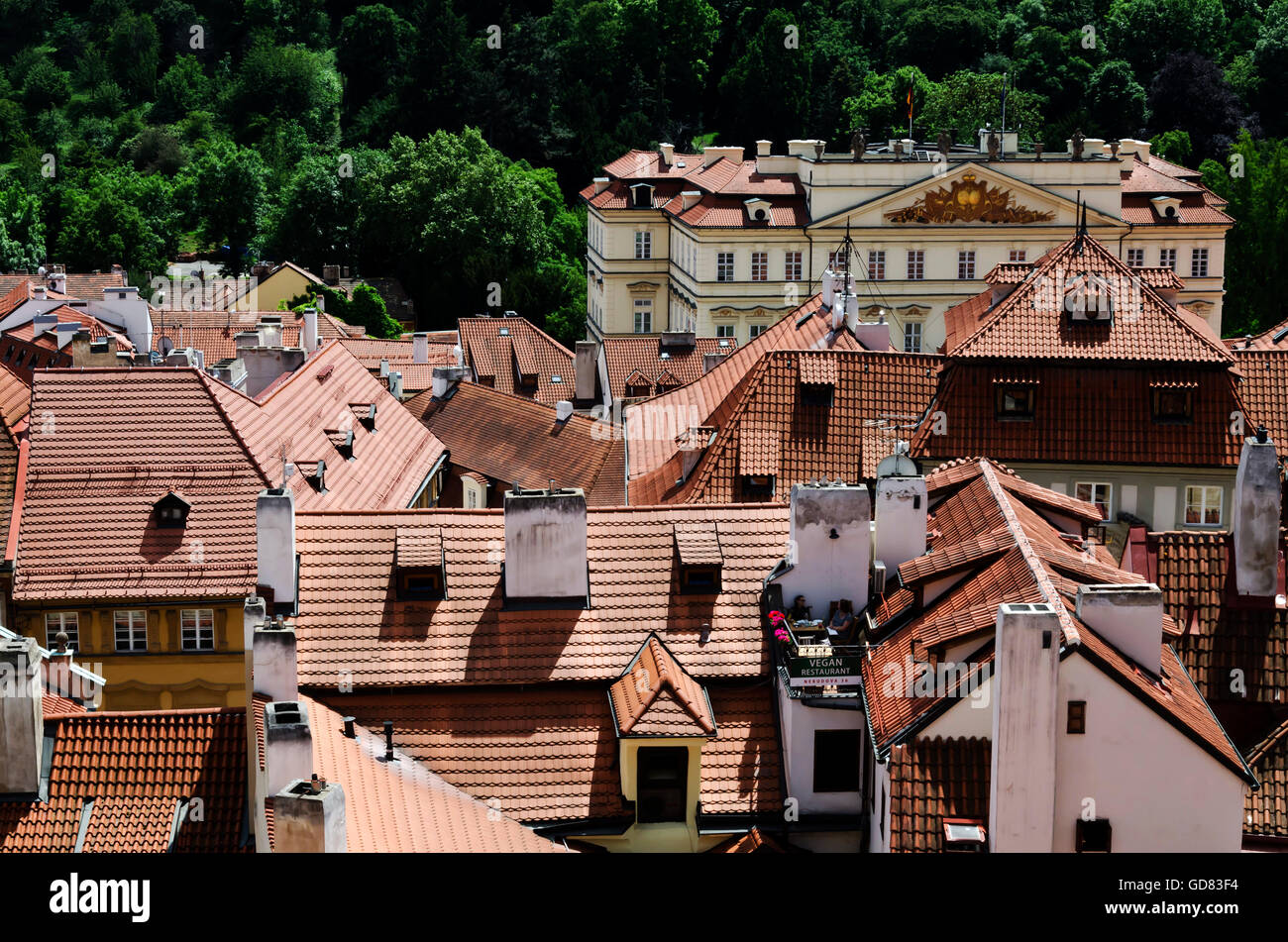 View over the rooftops towards the German Embassy in the centre of Prague (Praha) in the Czech Republic. Stock Photo