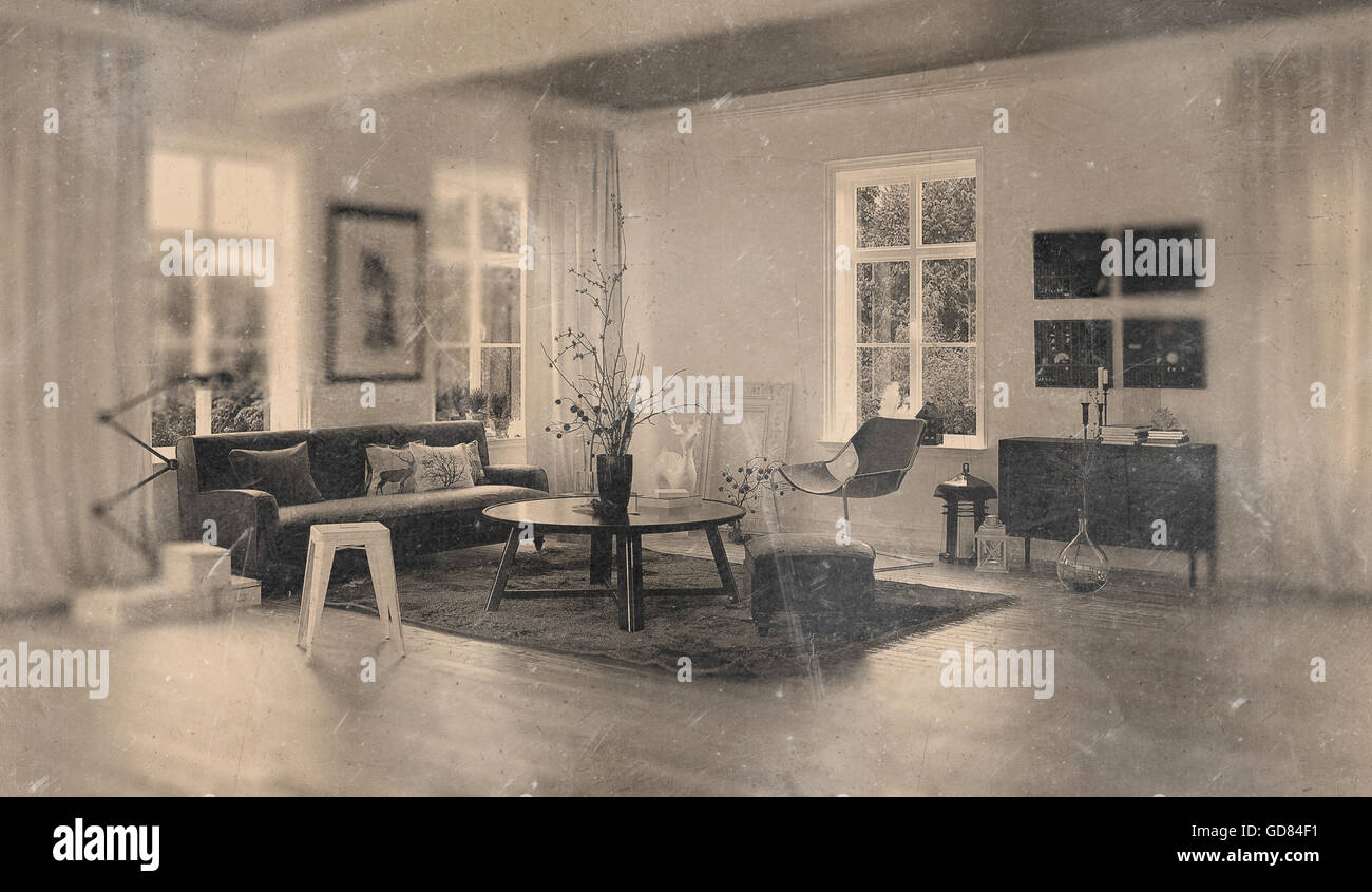 Worn Out Monotone Picture Of Retro 1960s Living Room With