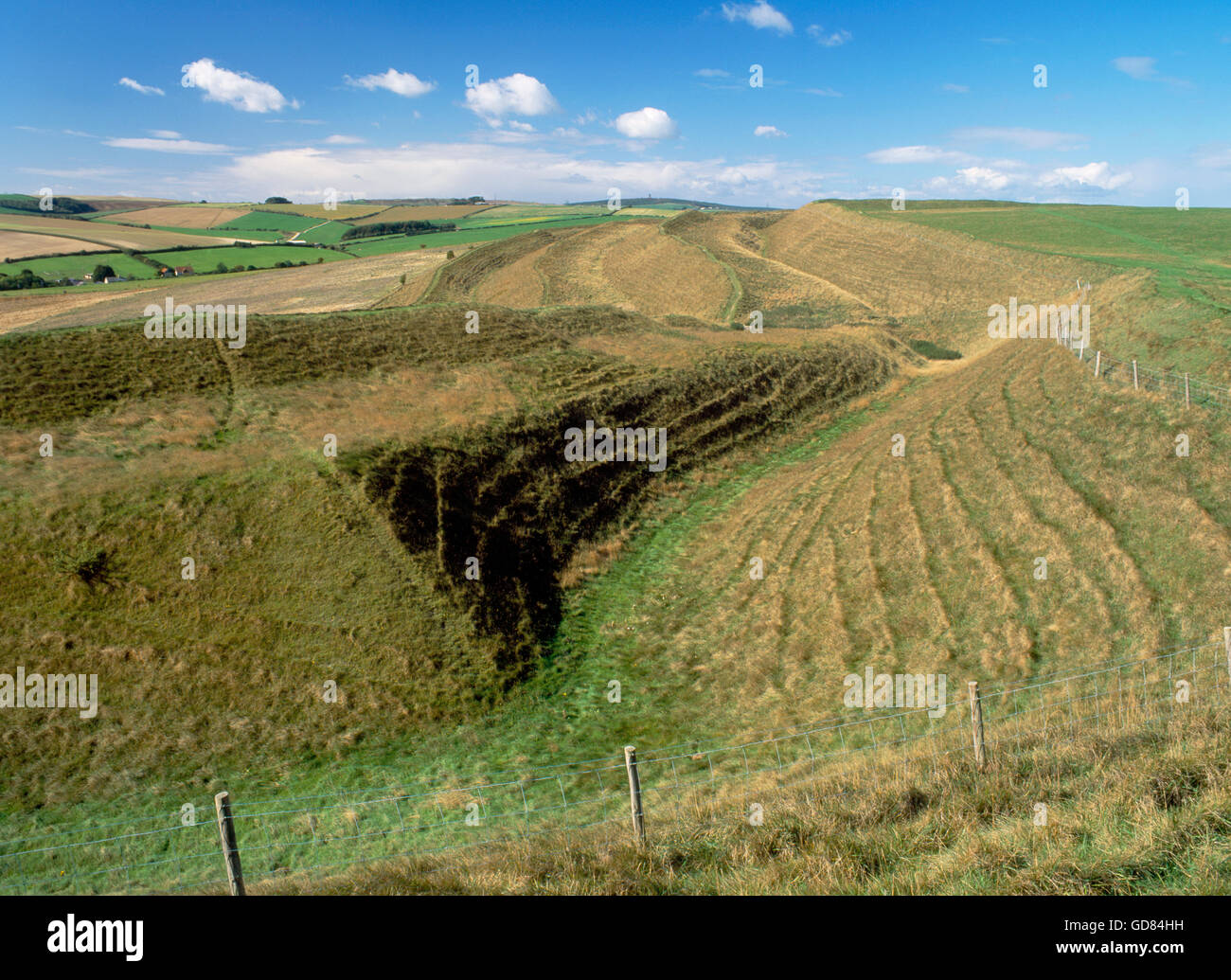 A view westwards along the multiple ditch and bank defences on the south side of Maiden Castle near Dorchester Stock Photo