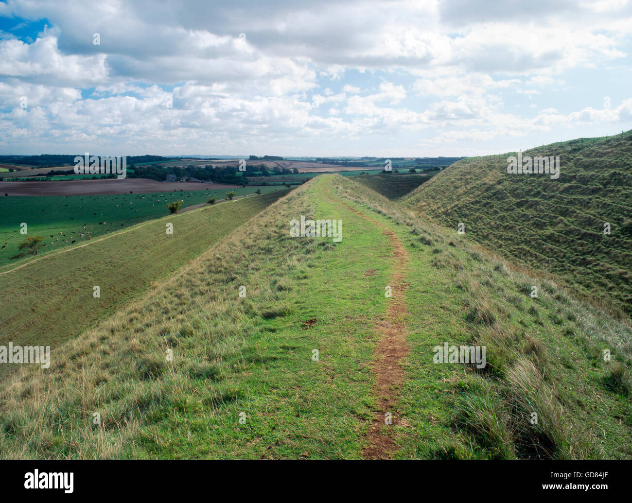 Looking eastwards along the ramparts on the north side of Maiden Castle Iron Age hill fort. Dorchester, Dorset, England, UK Stock Photo