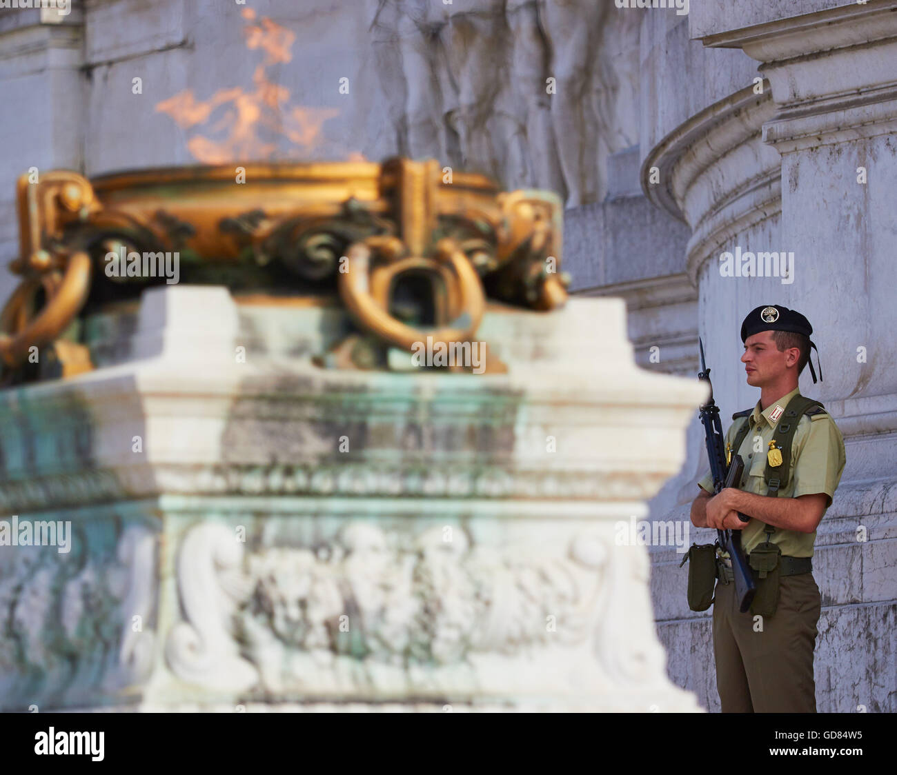 Focus on soldier on guard at Tomb of the Unknown Soldier Vittorio Emanuele Monument Rome Lazio Italy Europe Stock Photo