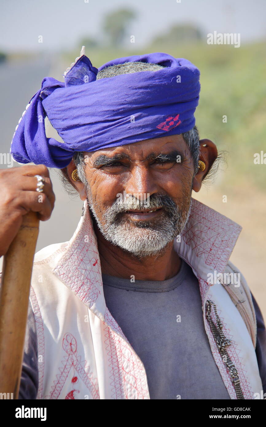 portrait of a Rabari shepherd in Gujarat, India Stock Photo