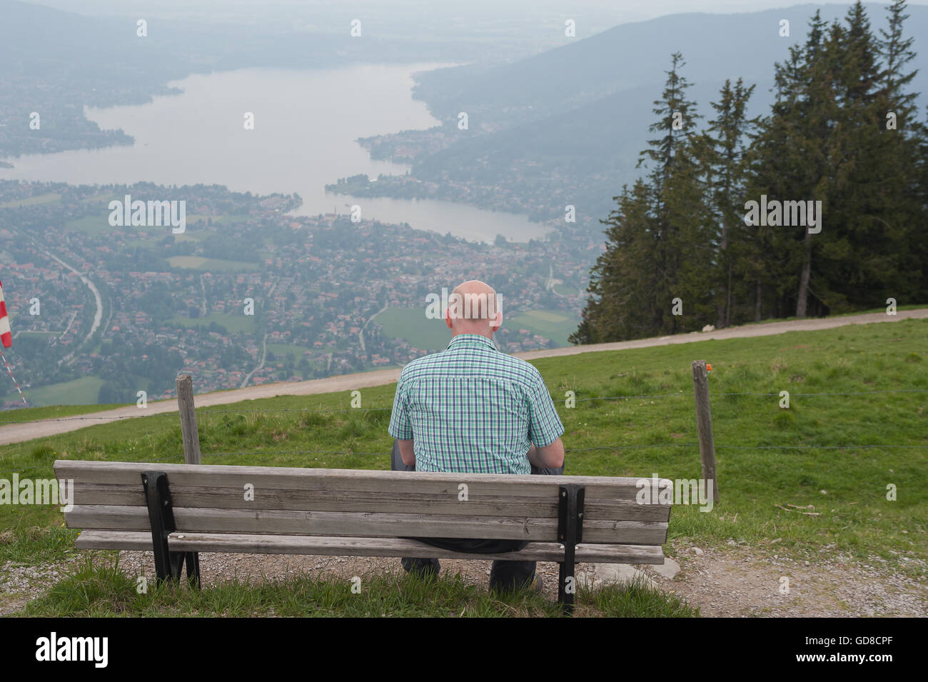 GERMANY, Bavaria, Tegernsee, May 29, 2016. A view from Wallberg looking down at Tegernsee Lake in Upper Bavaria. Stock Photo