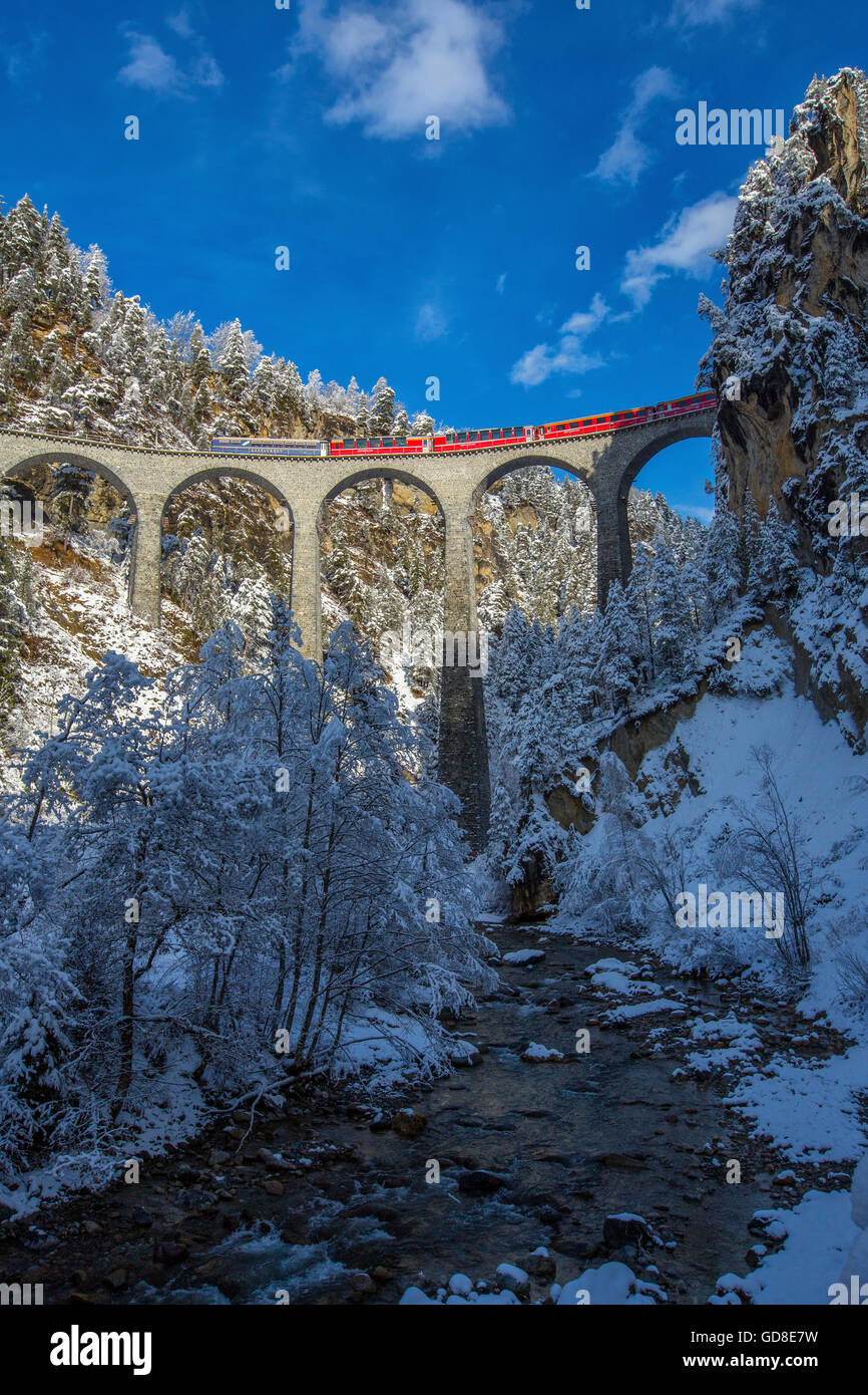 Bernina Express passes through the snowy woods around Filisur Canton of Grisons Switzerland Europe Stock Photo
